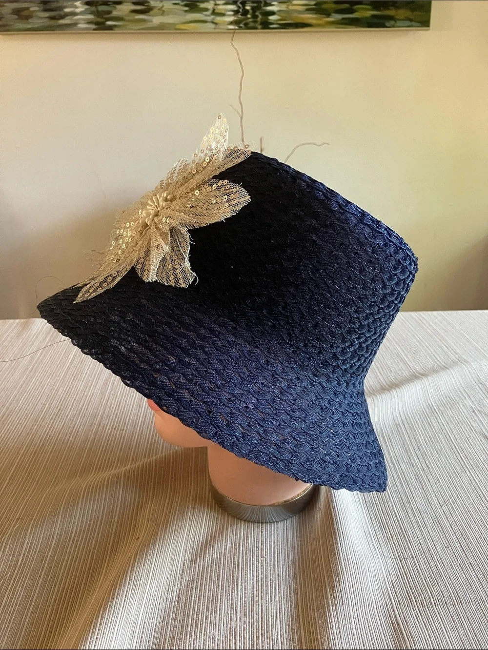 Chic Navy Blue Bucket Hat with Gold Sequined Floral Accent